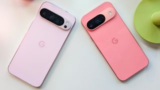 The Pixel 9 Pro XL in Rose Quartz and Pixel 9 in Peony