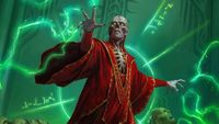 A lich with glowing green eyes and red robes casts green light from their hands in a dark, dungeon-like environment