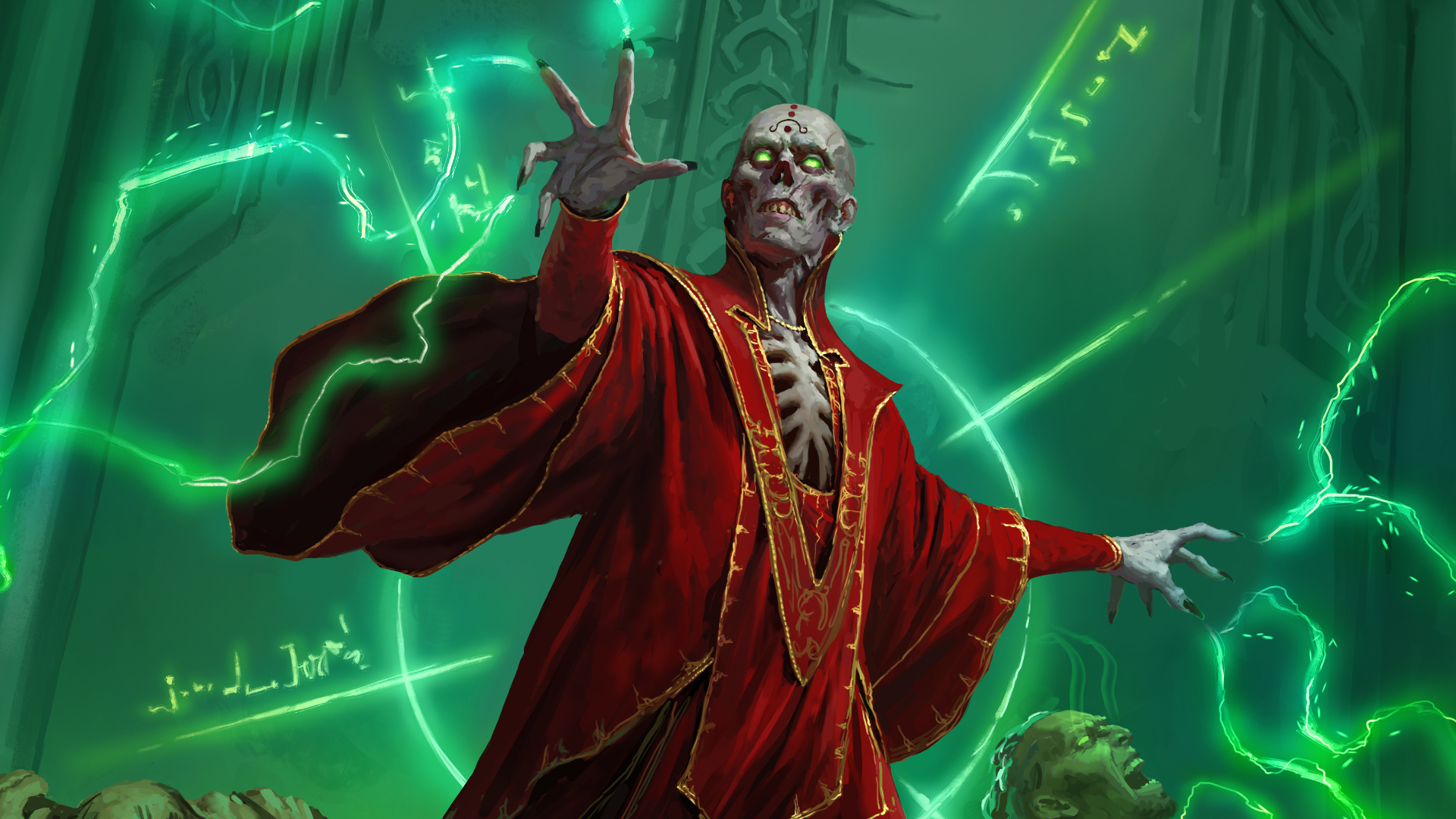 A lich with glowing green eyes and red robes casts green light from their hands in a dark, dungeon-like environment