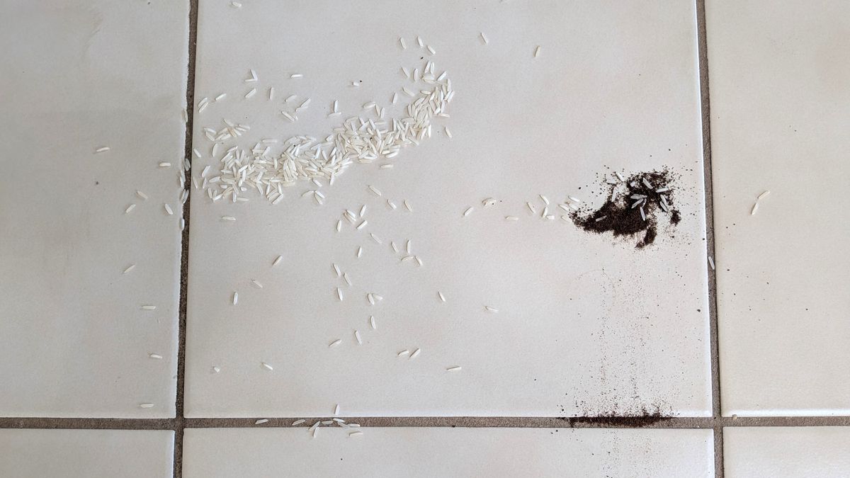 Rice and coffee grounds on hard floor after one pass with Shark PowerDetect Speed vacuum cleaner on low power