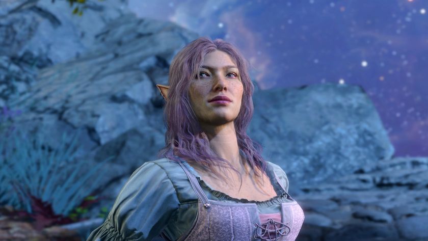 Baldur&#039;s Gate 3 screenshot showing a female elven Tav sitting against a starry sky backdrop