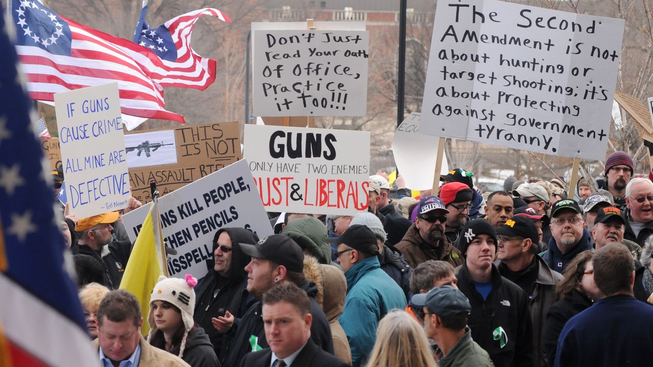 Gun rights proponents carry signs at a rally