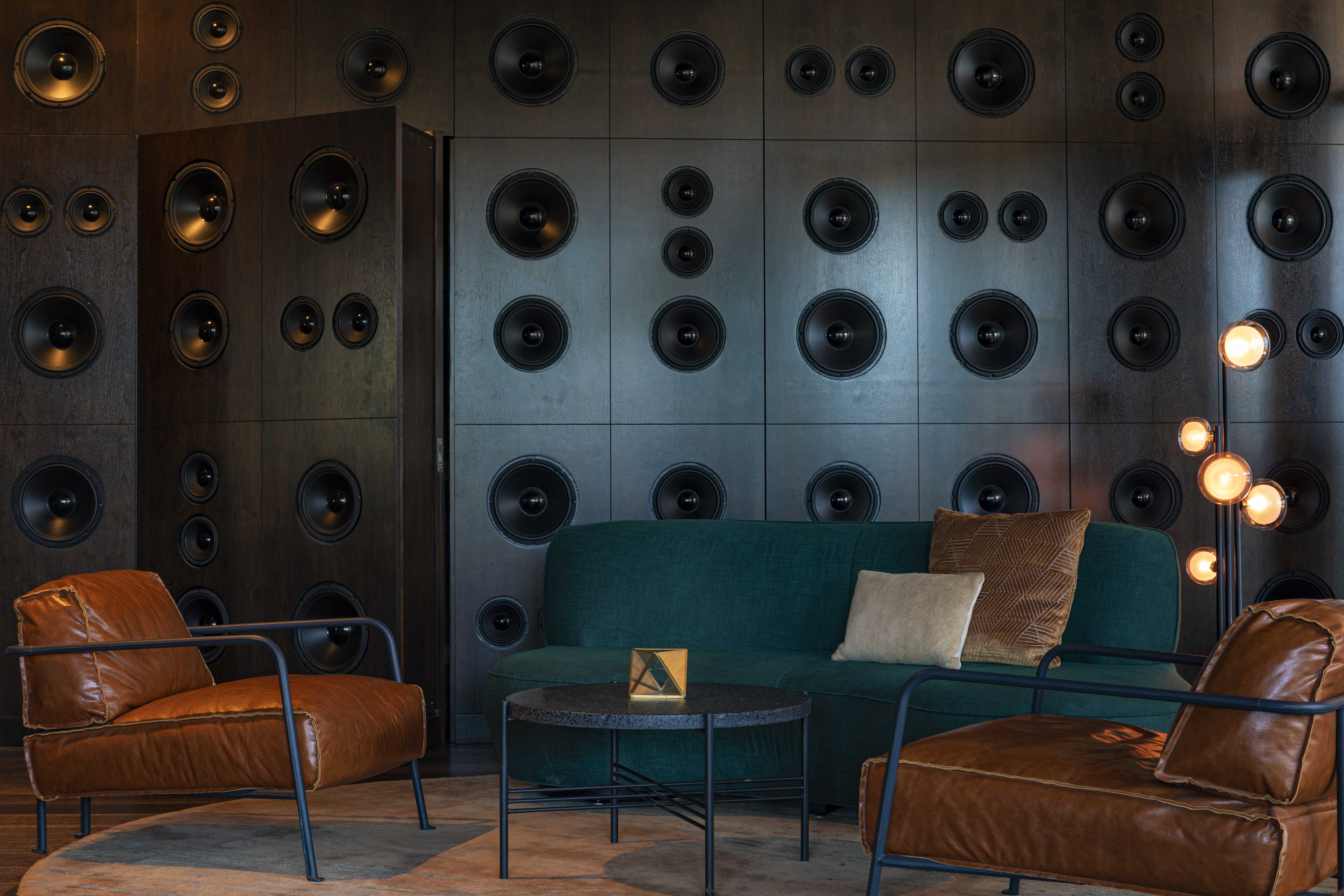 A wall covered in speakers at W Nashville