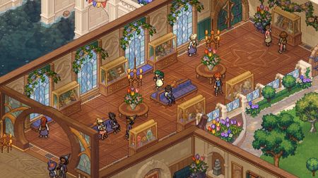 Witchbrook screenshot of a hallway in the college where witches sit and converse