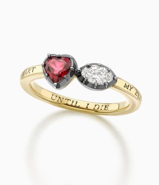 Red and white stone engagement ring