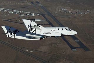 SpaceShipTwo glides, turning toward the airport. during the first drop and glide test of SpaceShipTwo on Oct. 10, 2010.
