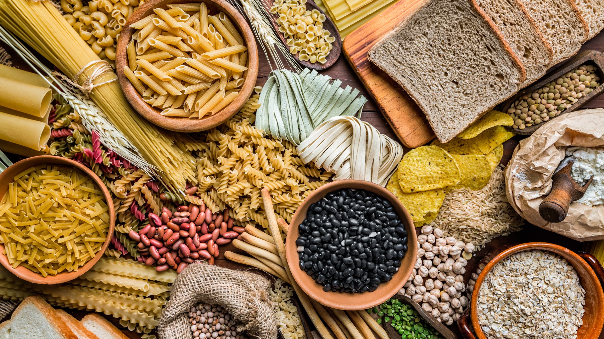 A spread of carbohydrates including rice and pasta