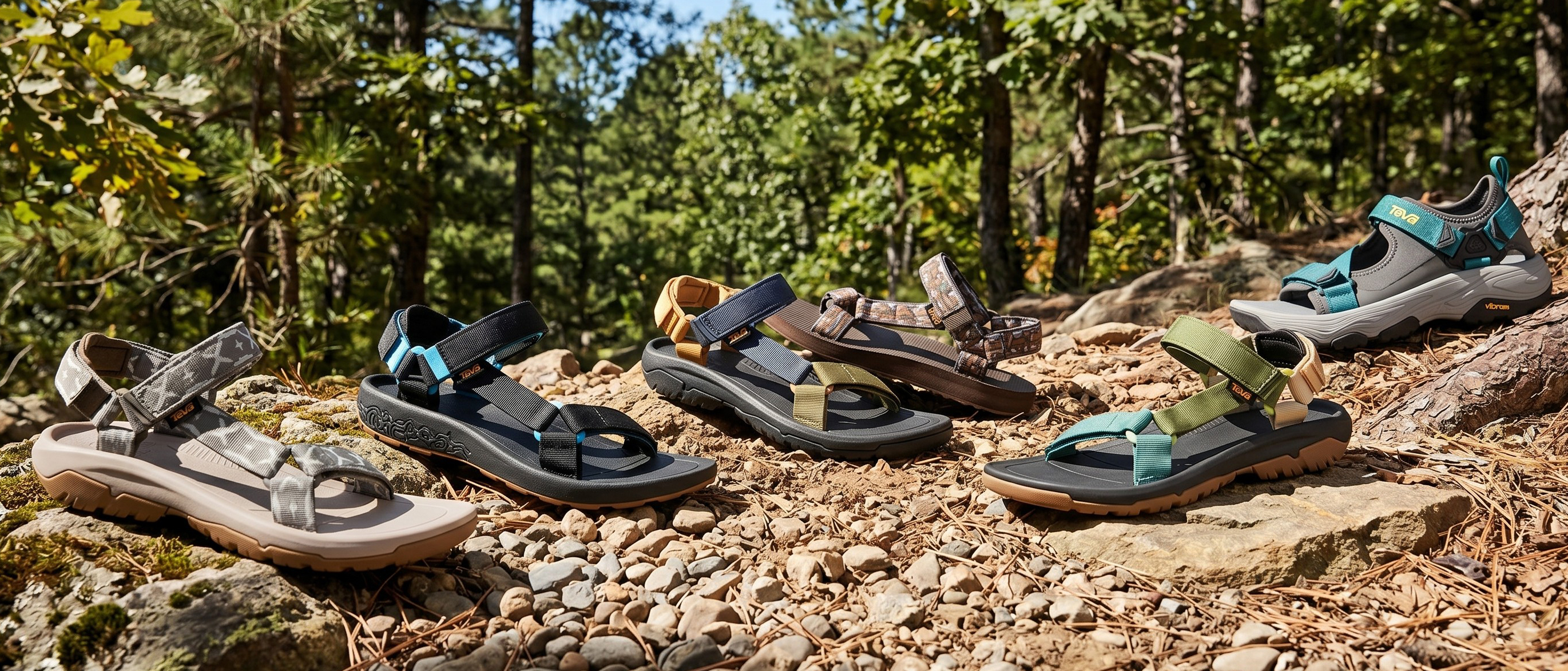 Pairs of Teva sandals on a rocky forest path