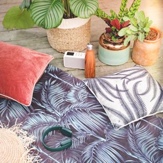 yoga mat with water bottle and houseplants
