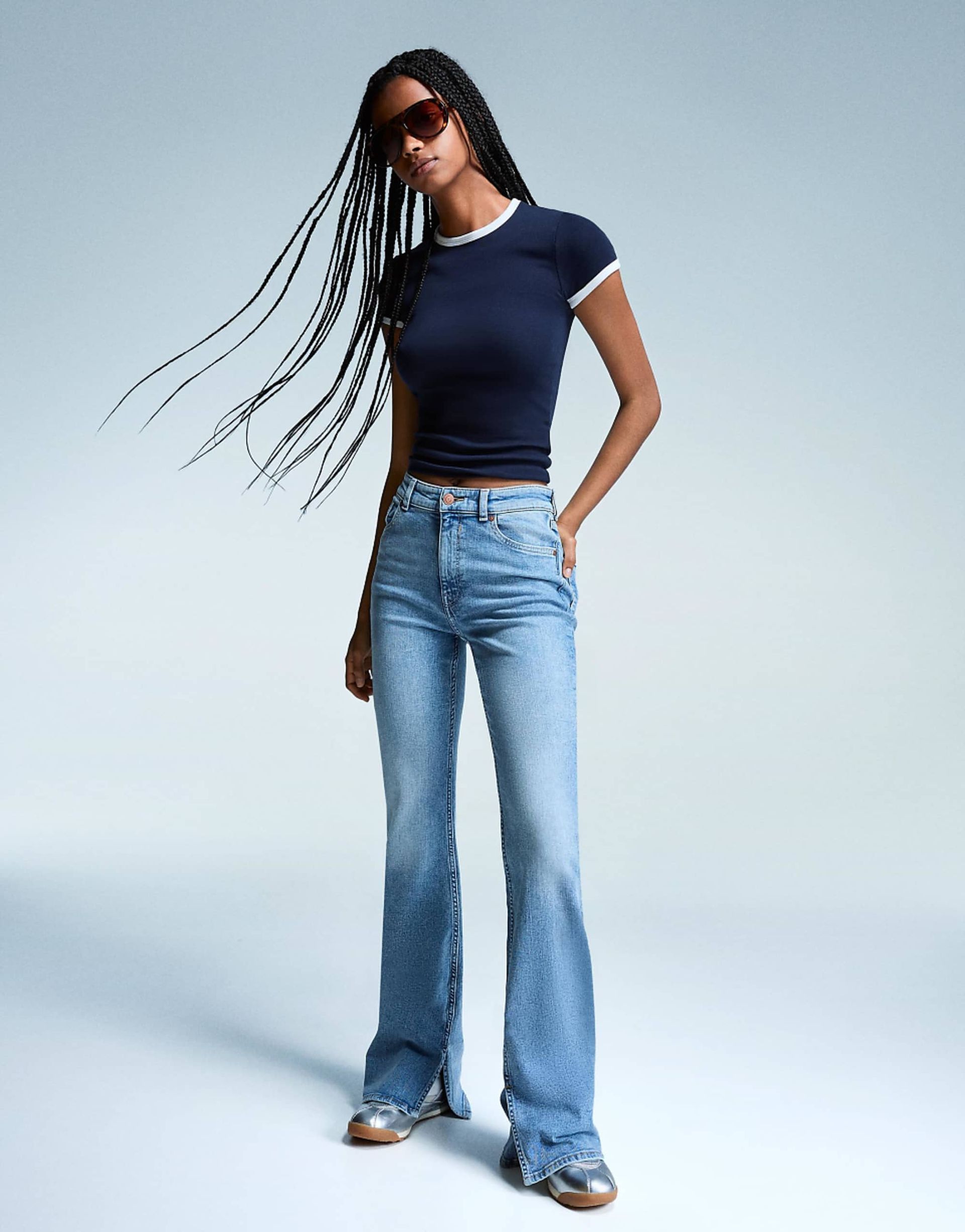 Bershka Flared Jeans With Slit in Mid Blue