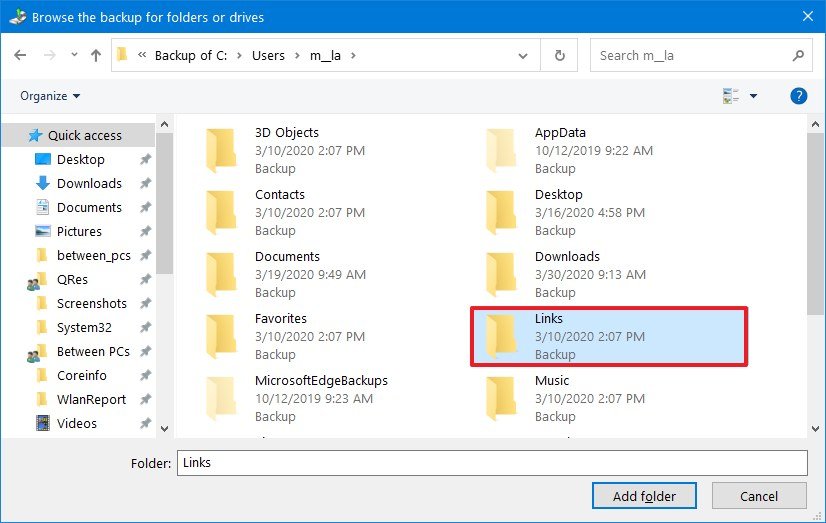 Windows 10 backup folder recovery option