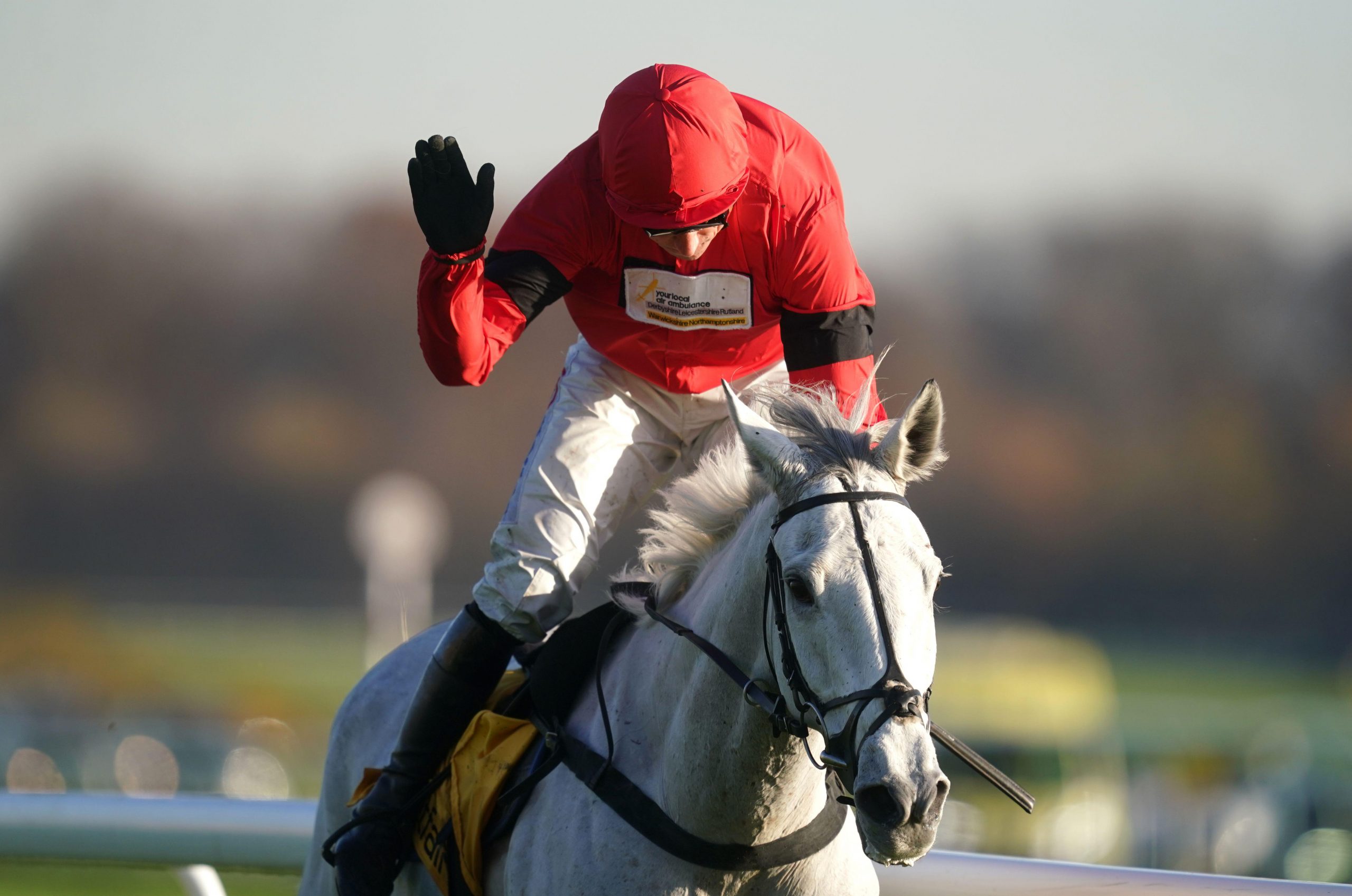 Harry Skelton gives Grey Dawning some well deserved pats after winning at Haydock Park
