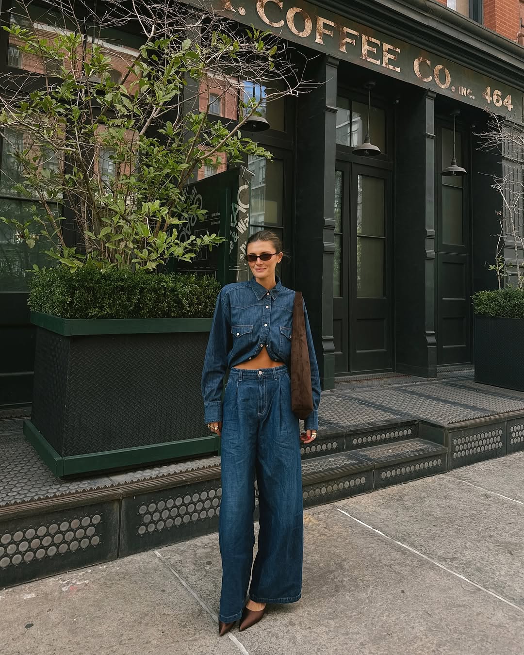 Woman wearing denim on denim outfit fall 2025.