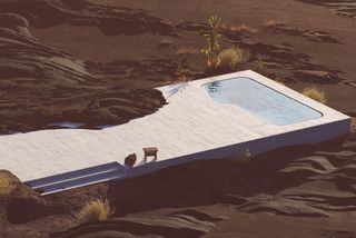 An in ground mini pool installed on a platform on a black desert landscape