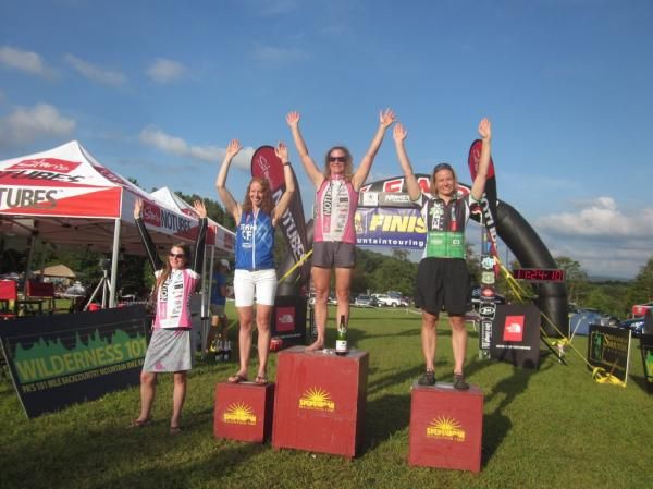 Women's podium at the 2012 Shenandoah Mountain 100 - Vicki Barclay 4th, Kathleen Harding 3rd, Sue Haywood 1st, and Karen Potter 2nd. Not pictured - Brenda Simril 5th