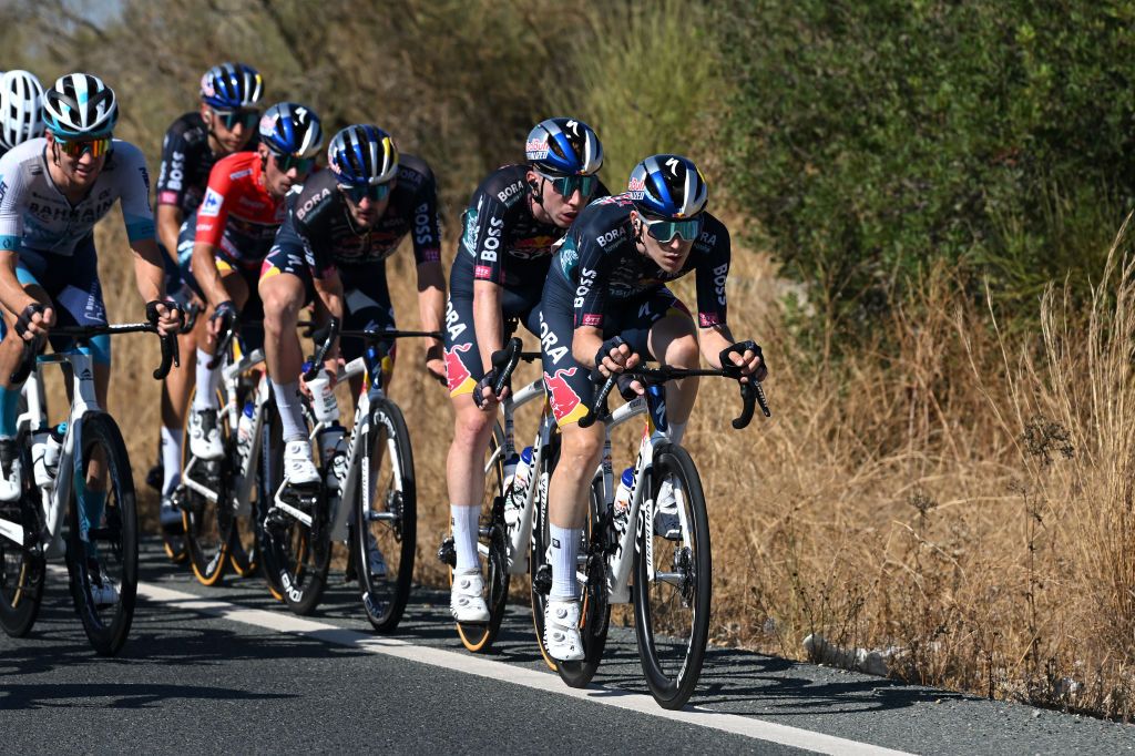 SEVILLE SPAIN AUGUST 21 Giovanni Aleotti of Italy and Team Red Bull Bora hansgrohe leads the peloton during La Vuelta 79th Tour of Spain 2024 Stage 5 a 177km stage Fuente del Maestre to Seville UCIWT on August 21 2024 in Seville Spain Photo by Dario BelingheriGetty Images