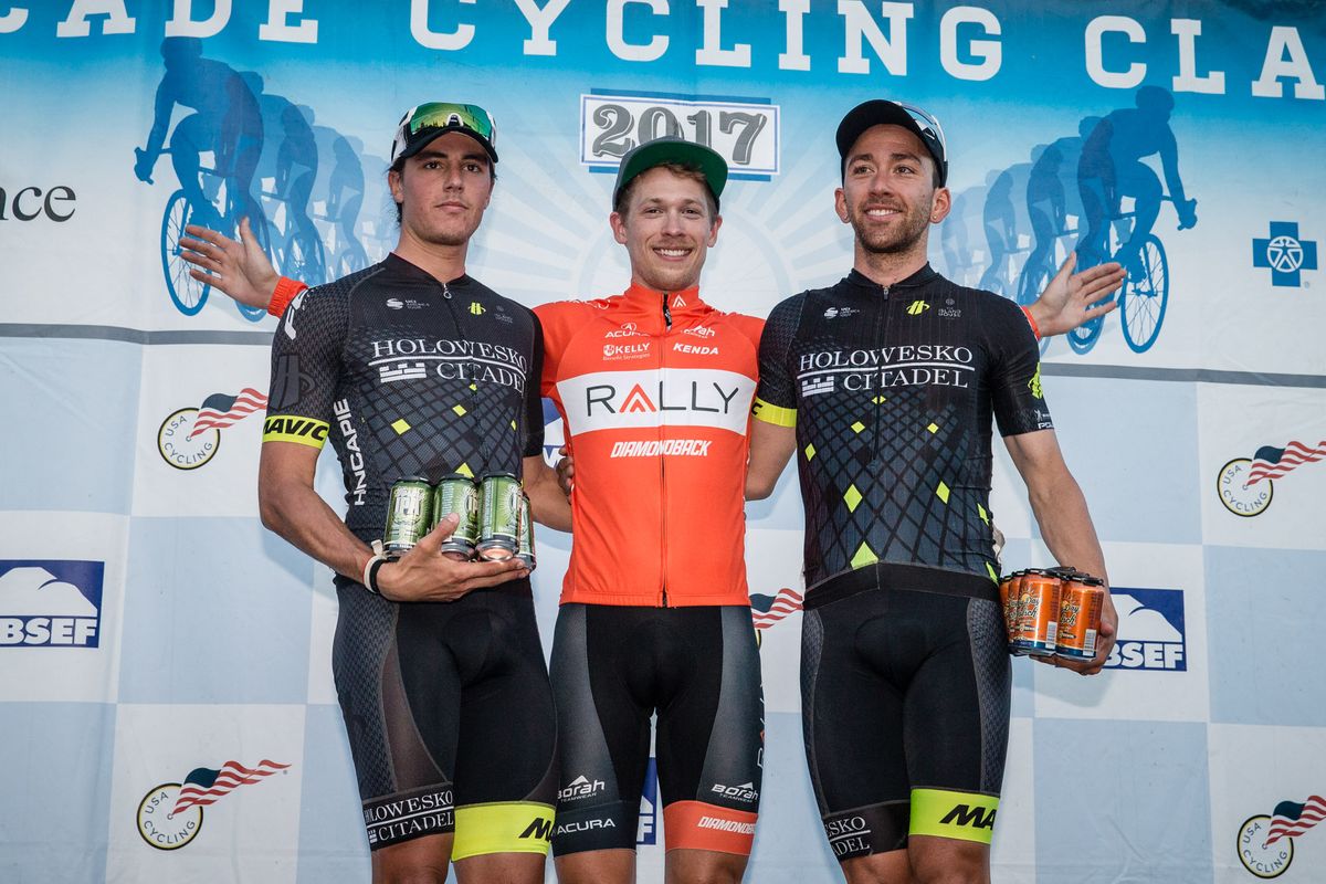 The top three men's finishers on stage 4 of the Cascade Cycling Classic
