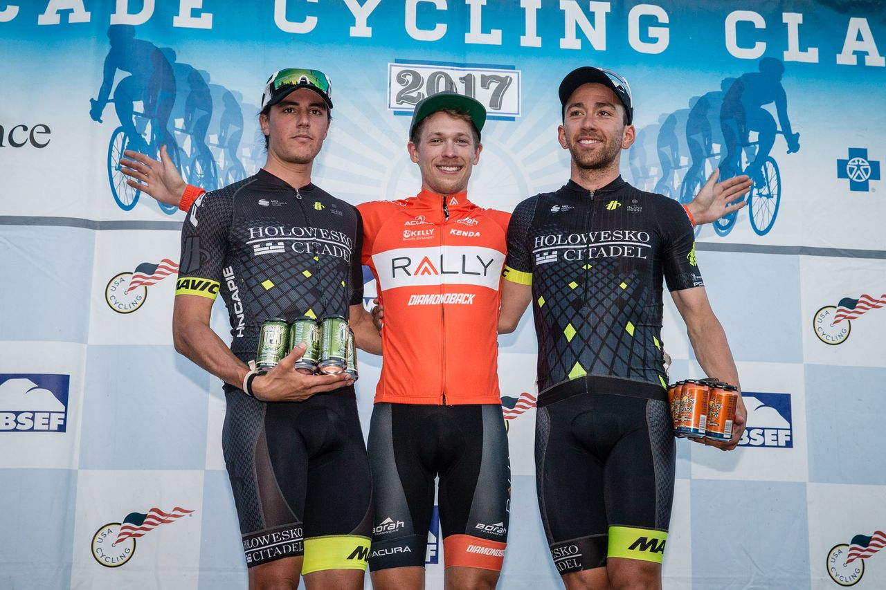 The top three men's finishers on stage 4 of the Cascade Cycling Classic
