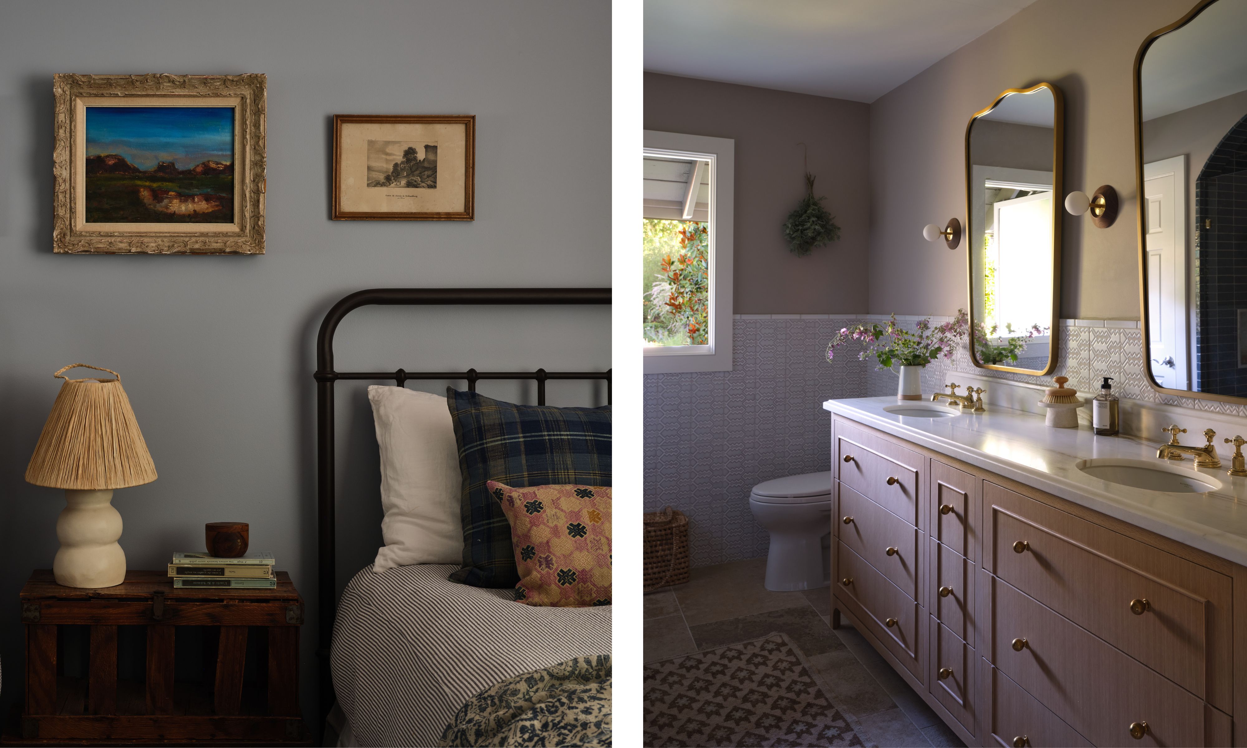 two side by side images of a vintage styled kids bedroom and a dusty pink guest bathroom