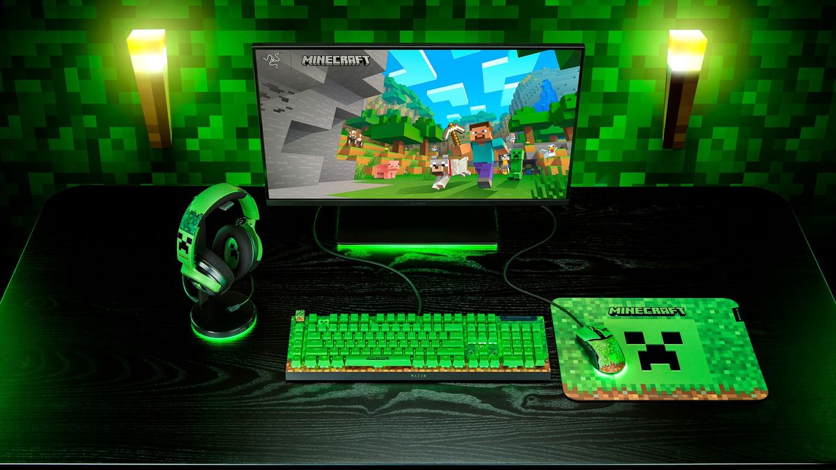 Razer Minecraft Collection accessories set up in a game-themed PC setup