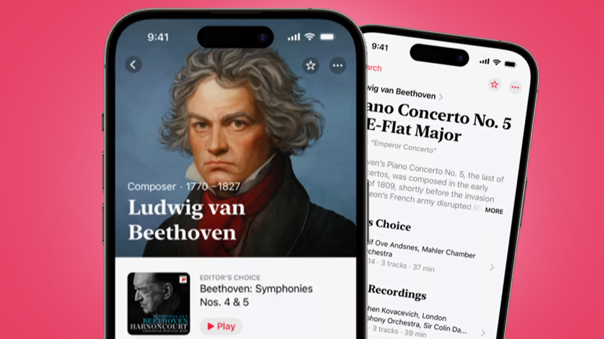 Two iPhones on a pink background showing the Apple Music Classical app