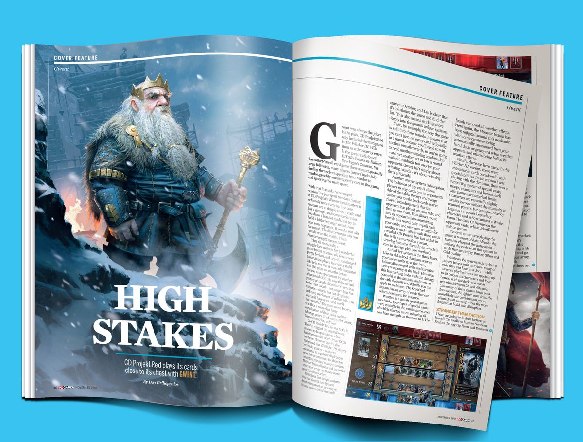 Some pages from our newest issue, including Gwent: The Witcher Card Game, Dawn of War III and the making of Fort Frolic in BioShock.