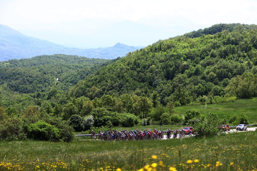 BLOCKHAUS ITALY MAY 15 A general view of the peloton passing through Ponte Zittola 820m landscape during the 105th Giro dItalia 2022 Stage 9 a 191km stage from Isernia to Blockhaus 1664m Giro WorldTour on May 15 2022 in Blockhaus Italy Photo by Michael SteeleGetty Images
