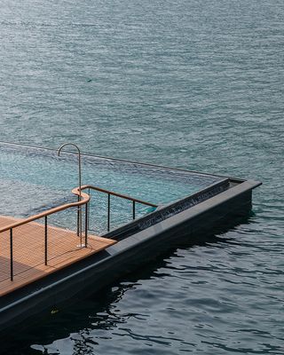 detail of the waters at Mandarin Oriental floating infinity pool platform by Herzog and de Meuron