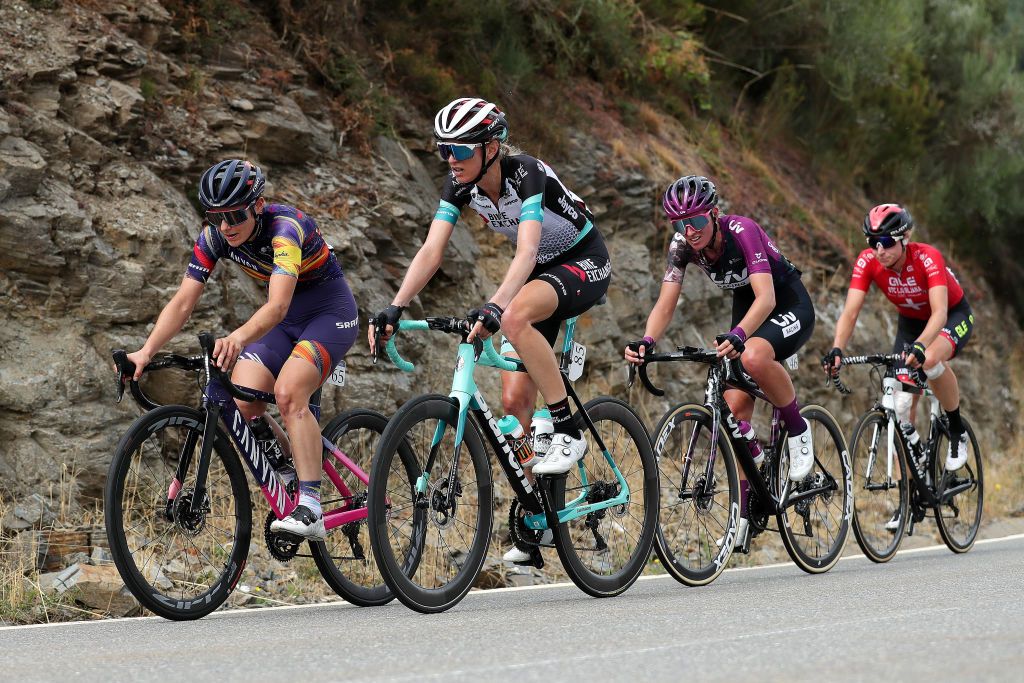 A RUA SPAIN SEPTEMBER 02 LR Elise Chabbey of Switzerland and Team Canyon SRAM Racing Lucy Kennedy of Australia and Team BikeExchange Pauliena Rooijakkers of Netherlands and Team Liv Racing and Marlen Reusser of Switzerland and Team Ale Btc Ljubljana compete in the breakaway during the 7th Ceratizit Challenge By La Vuelta 2021 Stage 1 a 1187 stage from Estacin Invernal Cabeza de Manzaneda to A Rua ChallengeVuelta CERATIZITChallenge21 on September 02 2021 in A Rua Spain Photo by Gonzalo Arroyo MorenoGetty Images