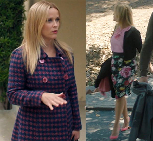 Big Little Lies Season 2 Madeline blue and pink Houndstooth Coat floral print skirt