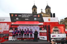 ESTELLALIZARRA SPAIN MARCH 30 Sergio Geovani Chumil of Guatemala David Delgado of Spain Jose Manuel Diaz of Spain Jesus Ezquerra of Spain Eric Antonio Fagundez of Uruguay Sinuhe Fernandez of Spain Karel Vacek of Czech Republic and Team Burgos BH prior to the 33rd Gran Premio Miguel Indurain 2024 a 1981km one day race from EstellaLizarra to EstellaLizarra on March 30 2024 in EstellaLizarra Spain Photo by Tim de WaeleGetty Images