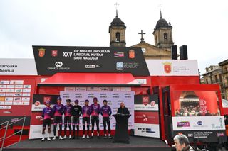 ESTELLALIZARRA SPAIN MARCH 30 Sergio Geovani Chumil of Guatemala David Delgado of Spain Jose Manuel Diaz of Spain Jesus Ezquerra of Spain Eric Antonio Fagundez of Uruguay Sinuhe Fernandez of Spain Karel Vacek of Czech Republic and Team Burgos BH prior to the 33rd Gran Premio Miguel Indurain 2024 a 1981km one day race from EstellaLizarra to EstellaLizarra on March 30 2024 in EstellaLizarra Spain Photo by Tim de WaeleGetty Images