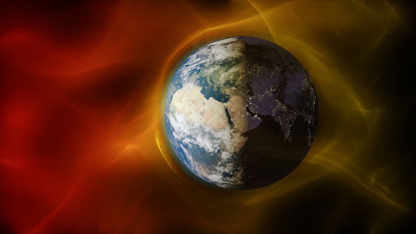 graphic illustration depicting solar wind surrounding Earth. 