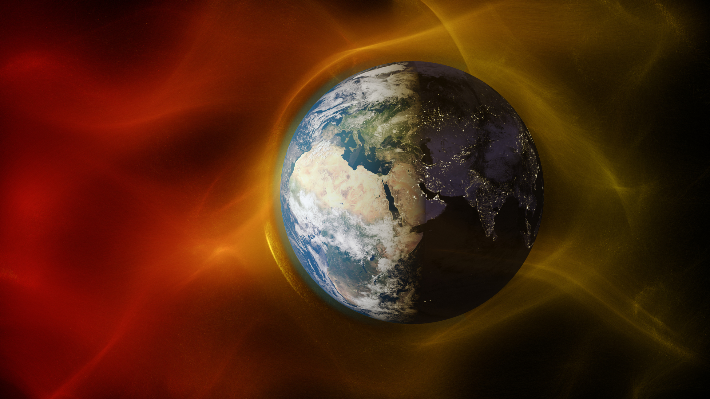 graphic illustration depicting solar wind surrounding Earth. 