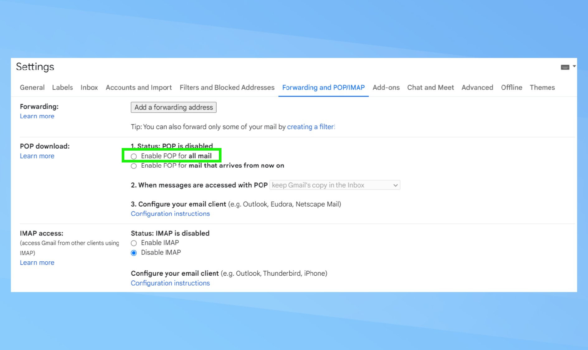 Screenshot of Gmail settings open, with enable pop for all mail highlighted. 