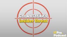 The text "Crowdstrike's insider threat" against an orange target symbol on a grey background. The words "insider threat" are in yellow, the rest are in white. In the bottom-right corner, the ITPro Podcast logo is shown.