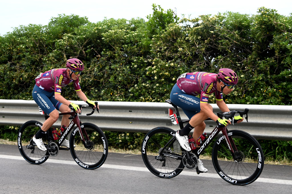 MELFI ITALY MAY 08 LR Veljko Stojni of Serbia and Alexander Konychev of Italy and Team Corratec Selle Italia compete in the breakaway during the 106th Giro dItalia 2023 Stage 3 a 213km stage from Vasto to Melfi 532m UCIWT on May 08 2023 in Melfi Italy Photo by Tim de WaeleGetty Images