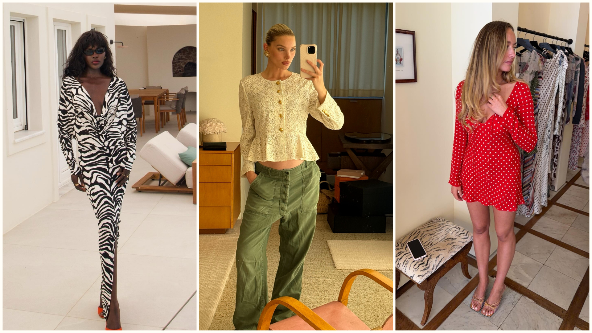Three fashion people show fashion trend to wear instead of dated ones. They wear Zebra print, peplum tops and polka-dot dresses