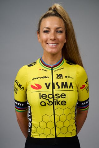 Pauline Ferrand-Prevot wearing the 2025 Visma-Lease a Bike jersey