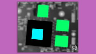 A blurry photo claimed to be the Intel Arc Alchemist EU128 printed circuit board with colored squares overlaid to indicate the board setup