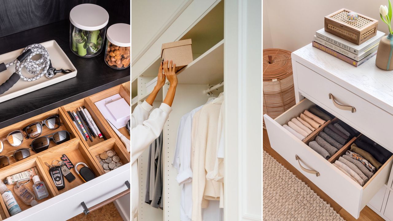 Learning how to declutter your home is always useful. Here are three pictures doing this - one of kitchen drawers, one of a person putting a box in a closet, and one of a clothes drawer