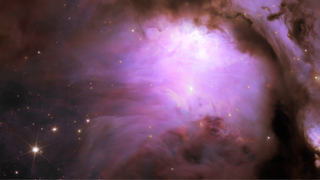 A pink glow fills this image, with dark reddish brown structures seen throughout as well. Mostly toward the edges of the scene. There are a few bright points of light visible throughout, especially toward the bottom left where the pink glow doesn't quite obscure the backdrop of space.