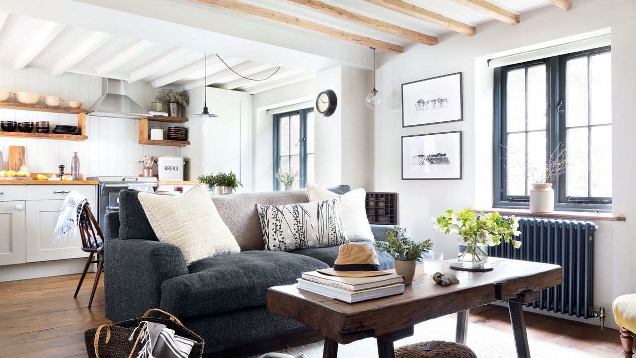 cottage living room with grey sofa