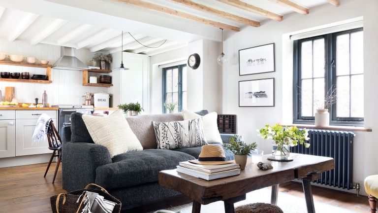 cottage living room with grey sofa