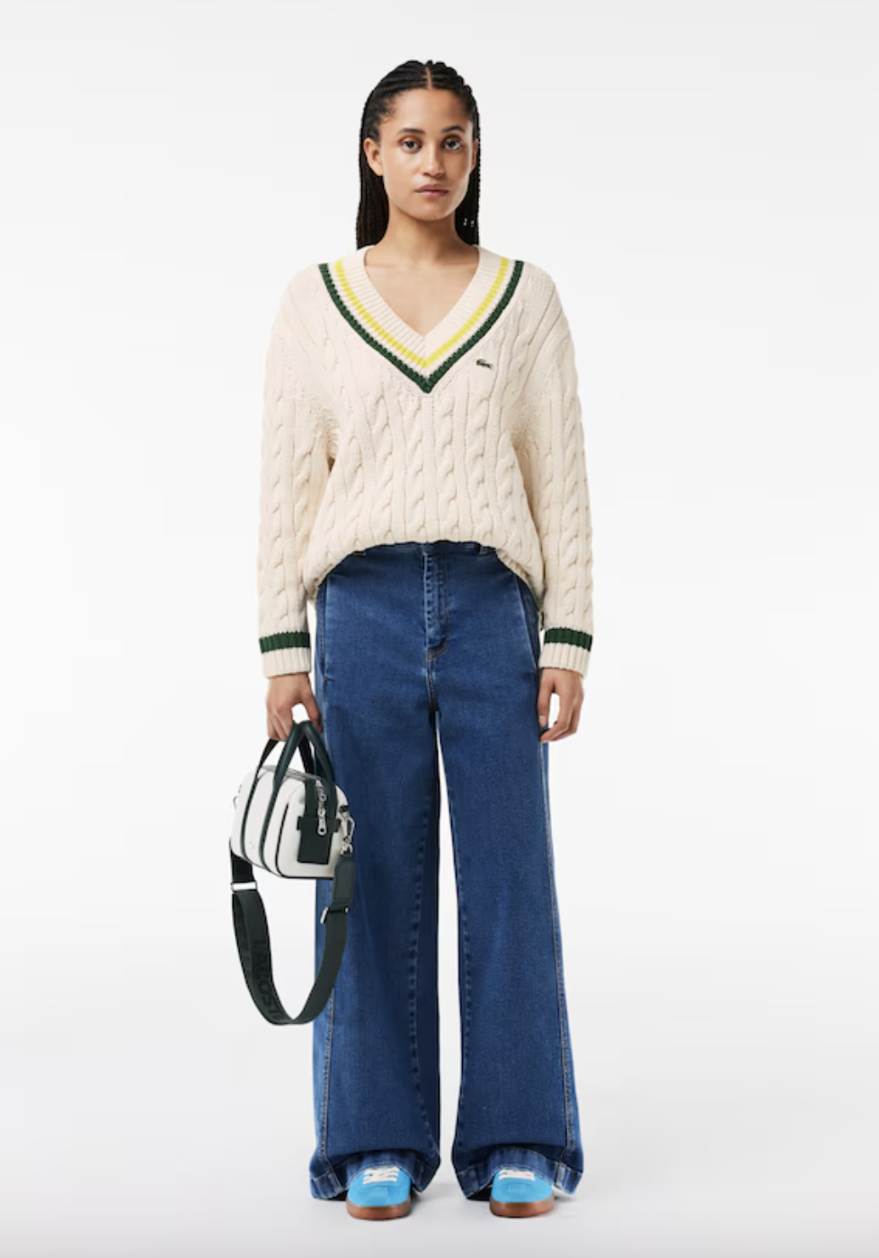 Lacoste V-Neck Cable Knit Cotton Tennis Sweater