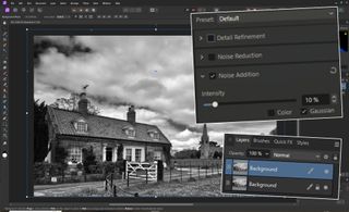 A screenshot from Affinity Photo 2 with a black-and-white image of a country cottage being edited with inset images of the layers and Details tabs