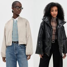 model wears black leather puffer, black pants, and a plaid shirt; another model wears khaki bomber over blue striped shirt with collar and jeans; last model wears free people suede jacket and jeans