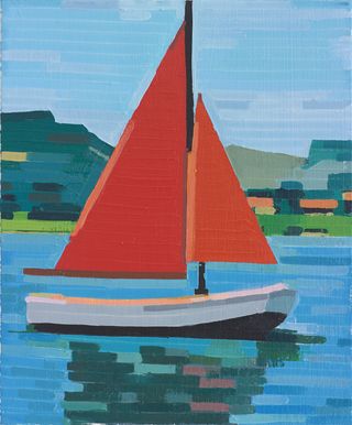 Abstract painting with bold colours of a boat on the water