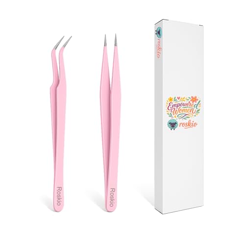 Roskio Nail Tweezer, 2pcs Stainless Steel Straight &amp;amp; Curved Nail Art Tweezers for Stickers, Rhinestone, Eyelash Extension, Nail Stickers, Cuticle, Rhinestone Picker Tool