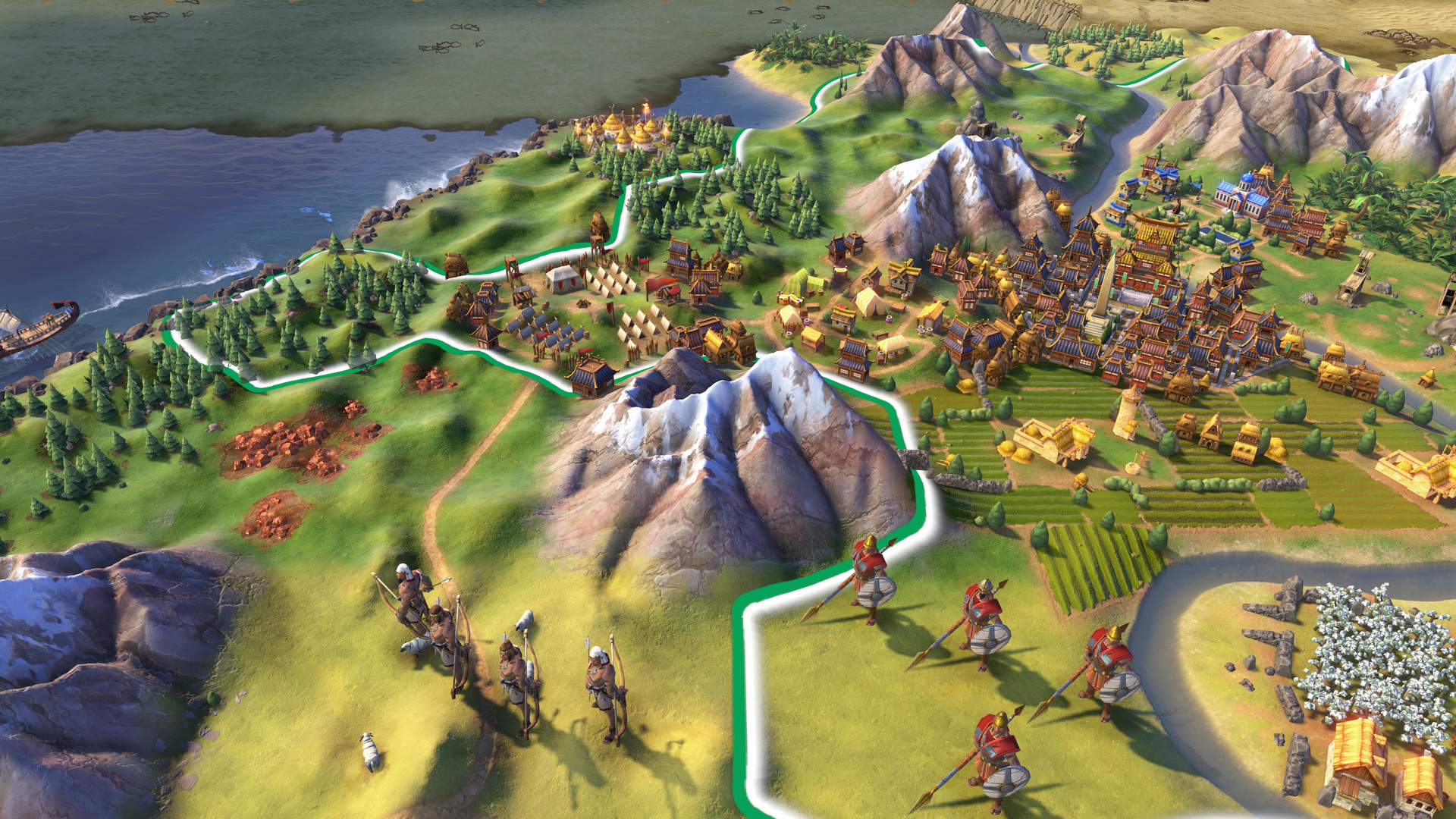 A screenshot of two armies moving towards each other during the 4X game, Civilization 6.